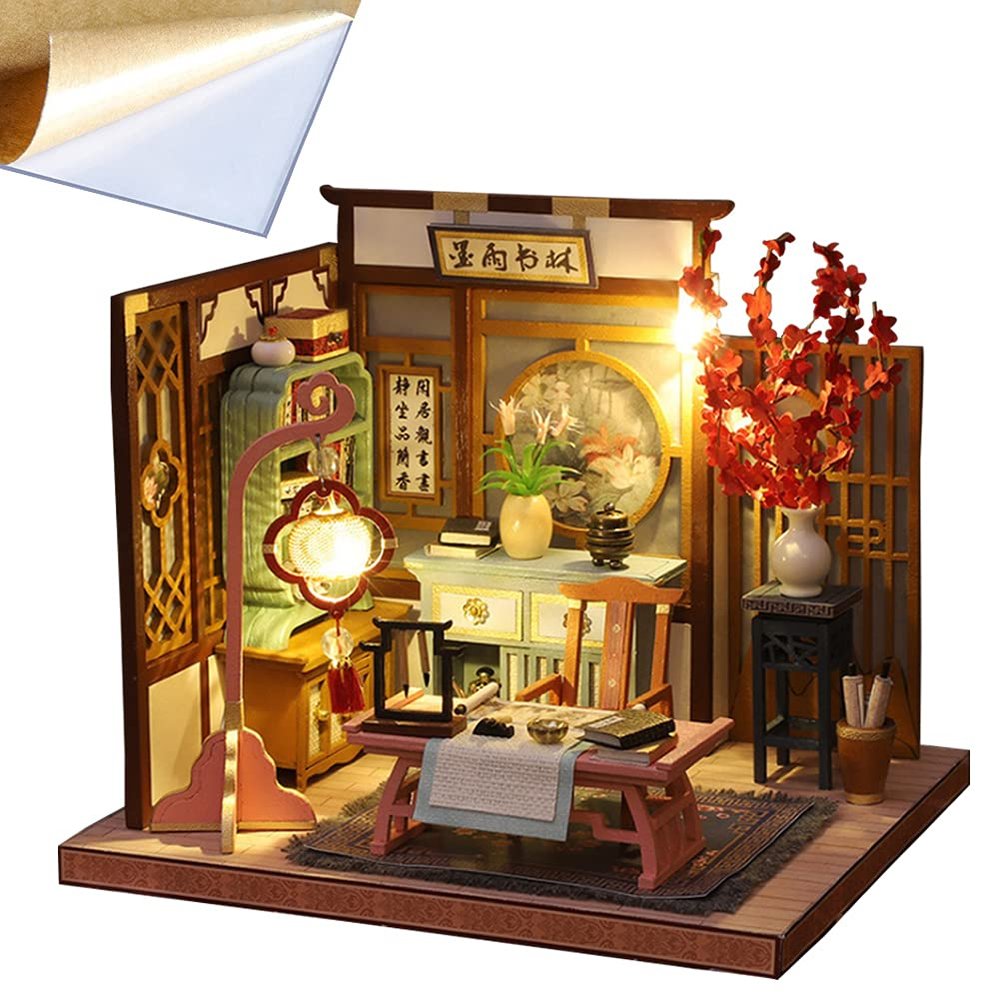 4 Sets of Chinese Art Cottage Models 3D Wooden Miniature Doll House Kits Classical Architecture DIY Birthday Prensent (Painting and Calligraphy Room with Dust Cover)