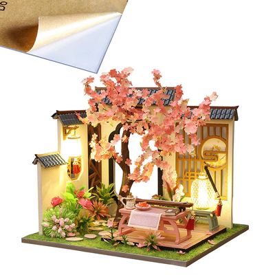 4 Sets of Chinese Art Cottage Models 3D Wooden Miniature Doll House Kits Classical Architecture DIY Birthday Prensent (Zither Room with Dust Cover)