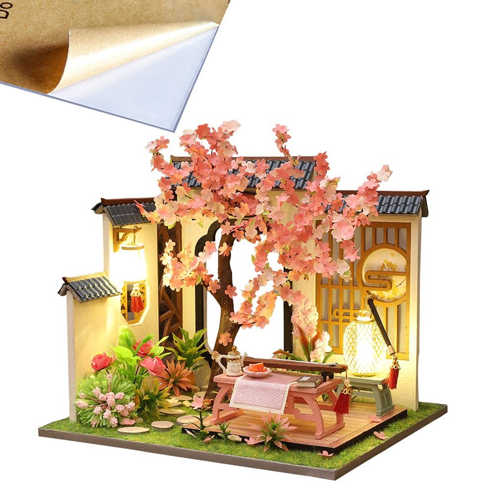 4 Sets of Chinese Art Cottage Models 3D Wooden Miniature Doll House Kits Classical Architecture DIY Birthday Prensent (Zither Room with Dust Cover)