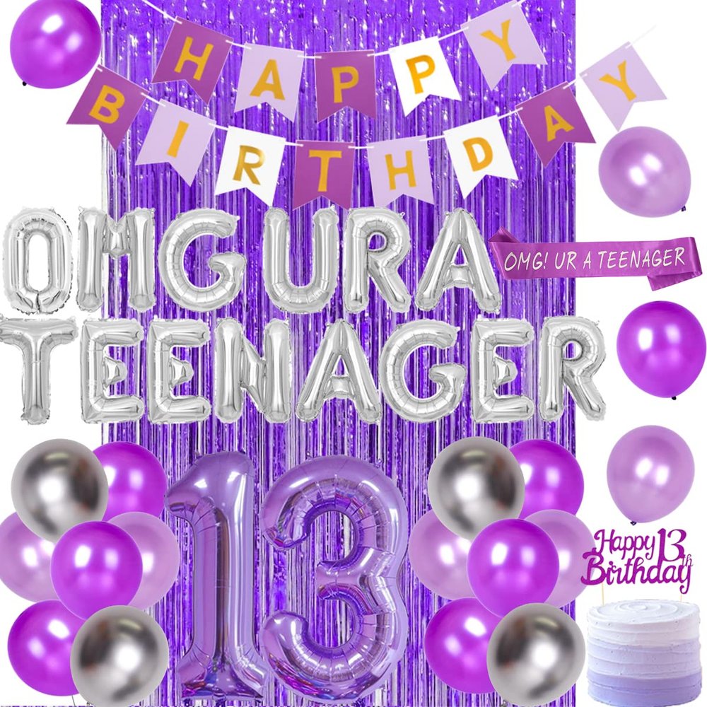 Fangleland 13th Birthday Decorations for Girls Purple OMG UR A TEENAGER Balloons Sash Teens Happy 13th Birthday Cake Topper Fringe Curtain