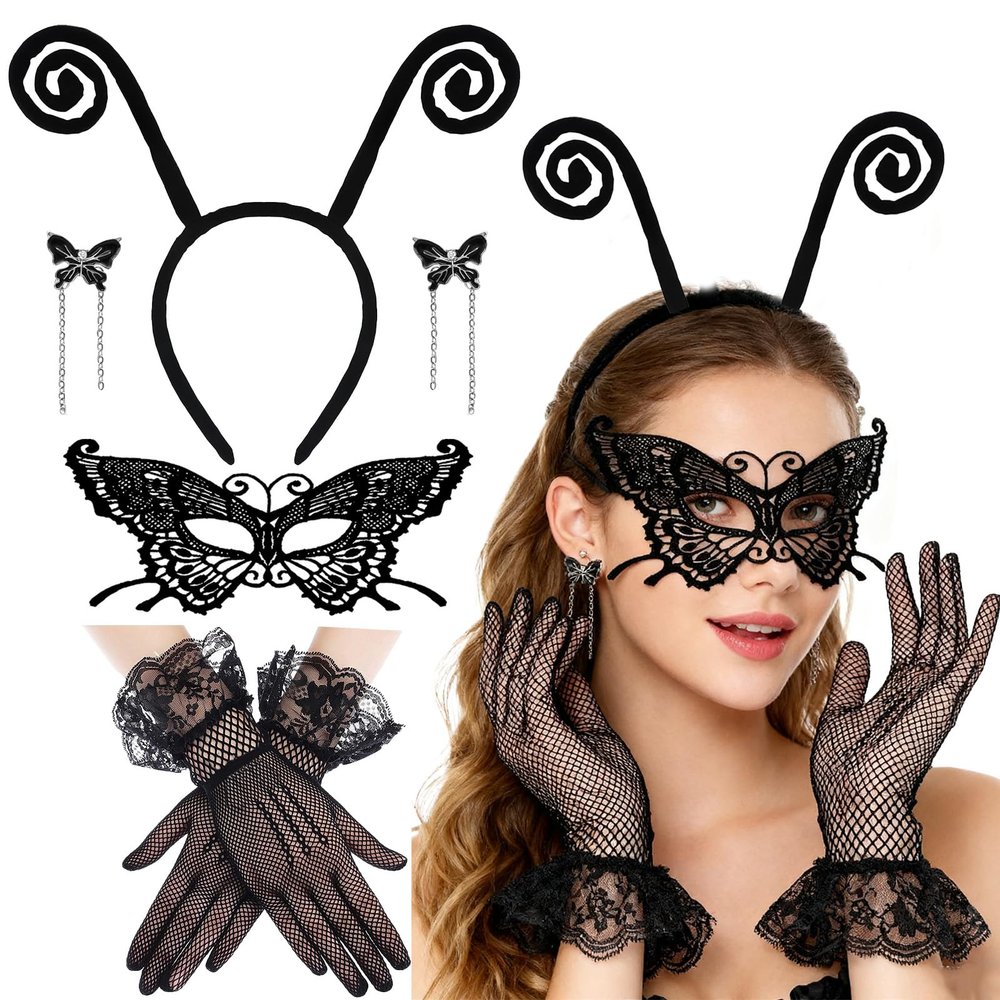 Asekonc Butterfly Antenna Headband with Butterfly Lace Mask for Halloween Party Cosplay Costume Accessory