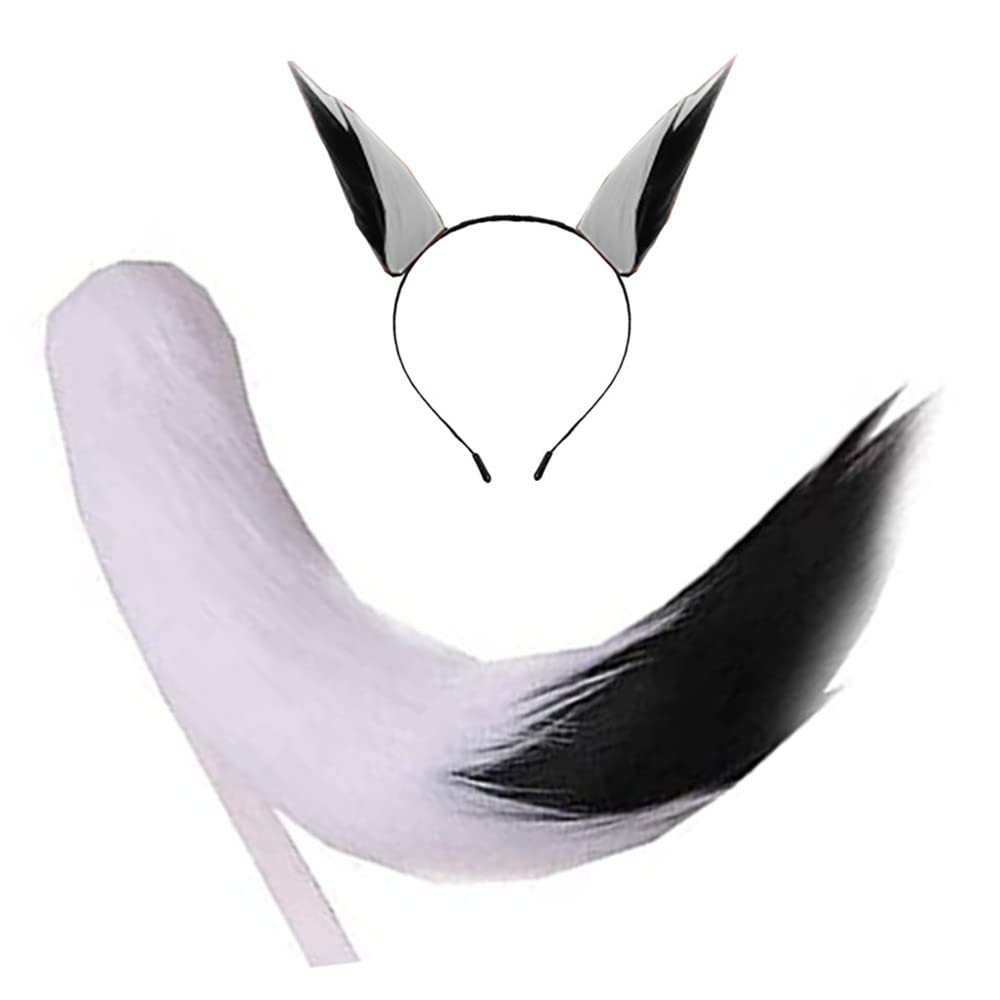 Anime Wolf Fox/Cat 25" Plush Tail + 2 Clip Ears Prop Halloween Cosplay New (White Black)