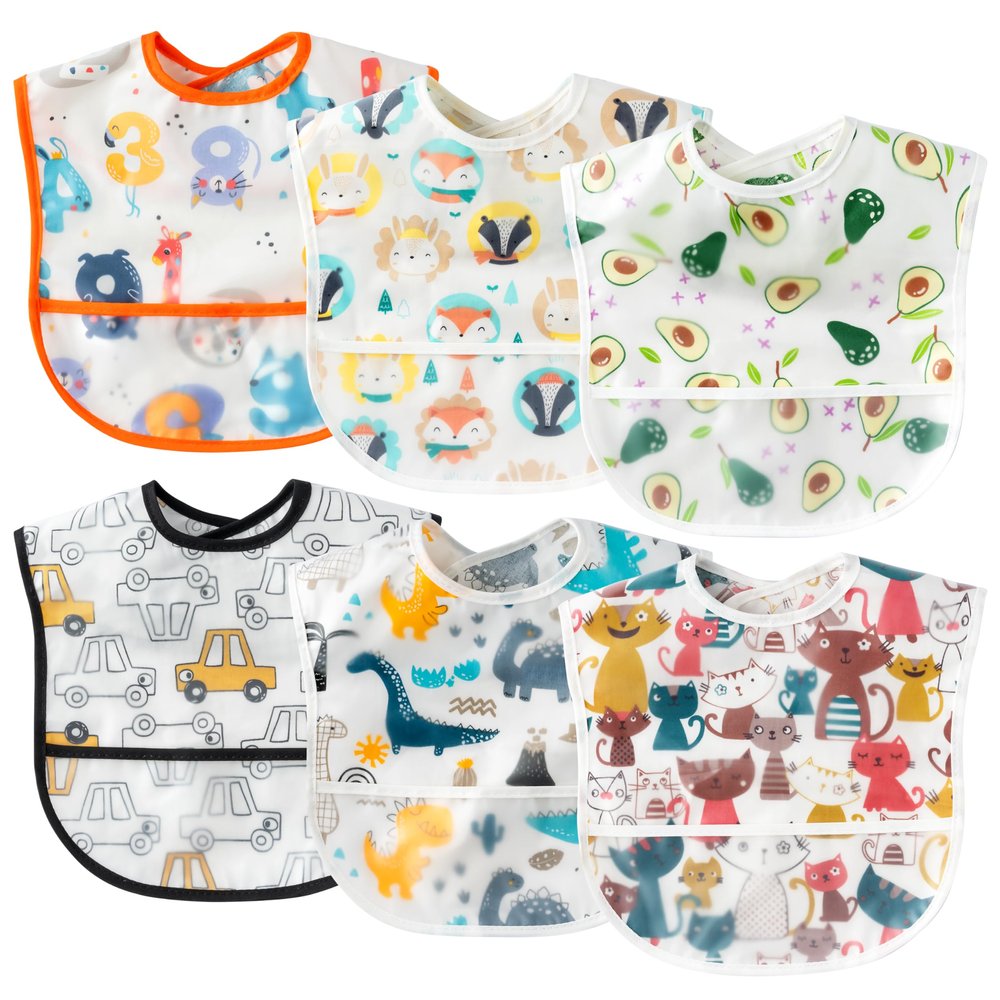 2ooya 6 Pcs Baby Feeding Bibs Toddler Waterproof Bib Set with Crumb Catcher Pocket Infant Adjustable Baby Teething Bib Babies Food Bibs Keepsake Gift for Baby Shower Christmas New Year, 6-12 Months