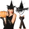 WILLBOND 4 Pcs Halloween Black Witch Hats and Lace Gloves Set, Halloween Costume Accessories, for Dress up Party Supplies view 1