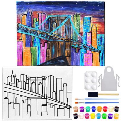 11x14 Canvas Painting KIT | Brooklyn Bridge New York | Pre Drawn Stretched Canvas | Retro Artwork | Adult Sip and Paint Party Favor | Therapeutic Painting