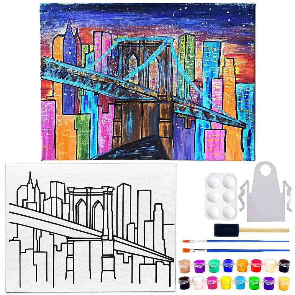 11x14 Canvas Painting KIT | Brooklyn Bridge New York | Pre Drawn Stretched Canvas | Retro Artwork | Adult Sip and Paint Party Favor | Therapeutic Painting