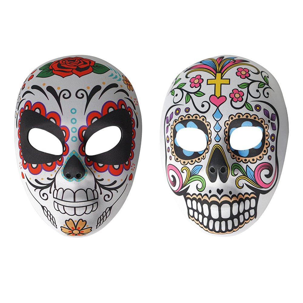 2 Pcs Day of The Dead Sugar Skull Mask Halloween Full Face Mask Women Zombie Skeleton Bone Flower Leaf Masquerade Party Mask for Birthday Festival Holiday Carnival Bar Cosplay Mexican Party Supplies