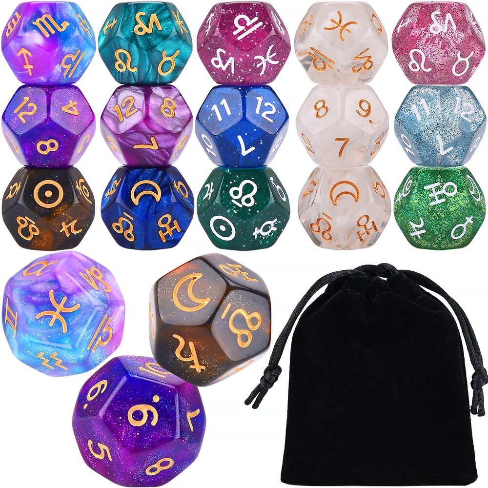 Amiven 6 Sets Astrology Dice, Signs Planets Numbers 12-Sided Dice Divination Tool