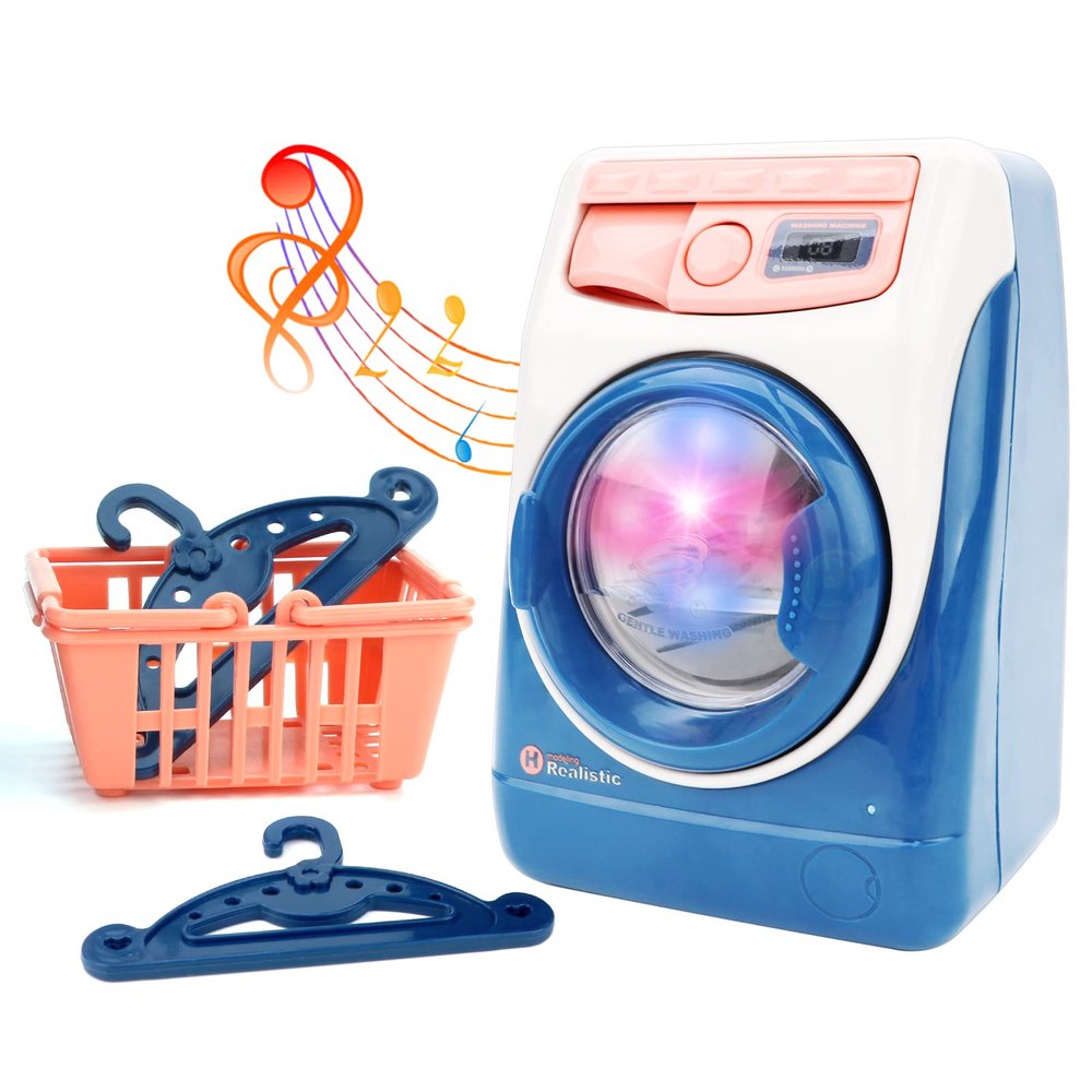 deAO Washing Machine Toy for Kids Dollhouse Furniture Pretend Play Household Appliance Realistic Sounds with Lights Laundry Play Set with Rotatable Roller for Children Birthday Present