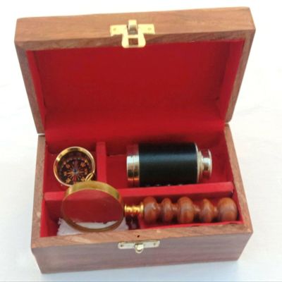 3 Set Wooden Box W/ Leather Chrome Telescope, Magnifying & Nautical Compass