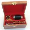 3 Set Wooden Box W/ Leather Chrome Telescope, Magnifying & Nautical Compass view 1