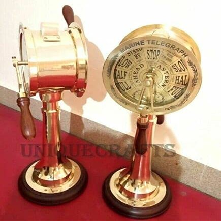 Nautical Brass Ship Engine Order Telegraph with Wooden Base Maritime
