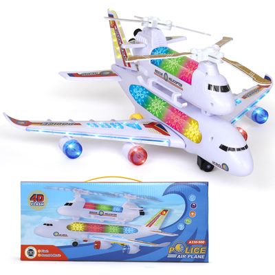 Airplane Toy for Kids with Flashing 4D Lights and Sound Jumbo Durable Police Jet and Rescue Helicopter Set Sensory Toy for Boys and Girls 3-12 Years Old - Birthday Gift with Bump & Go Action