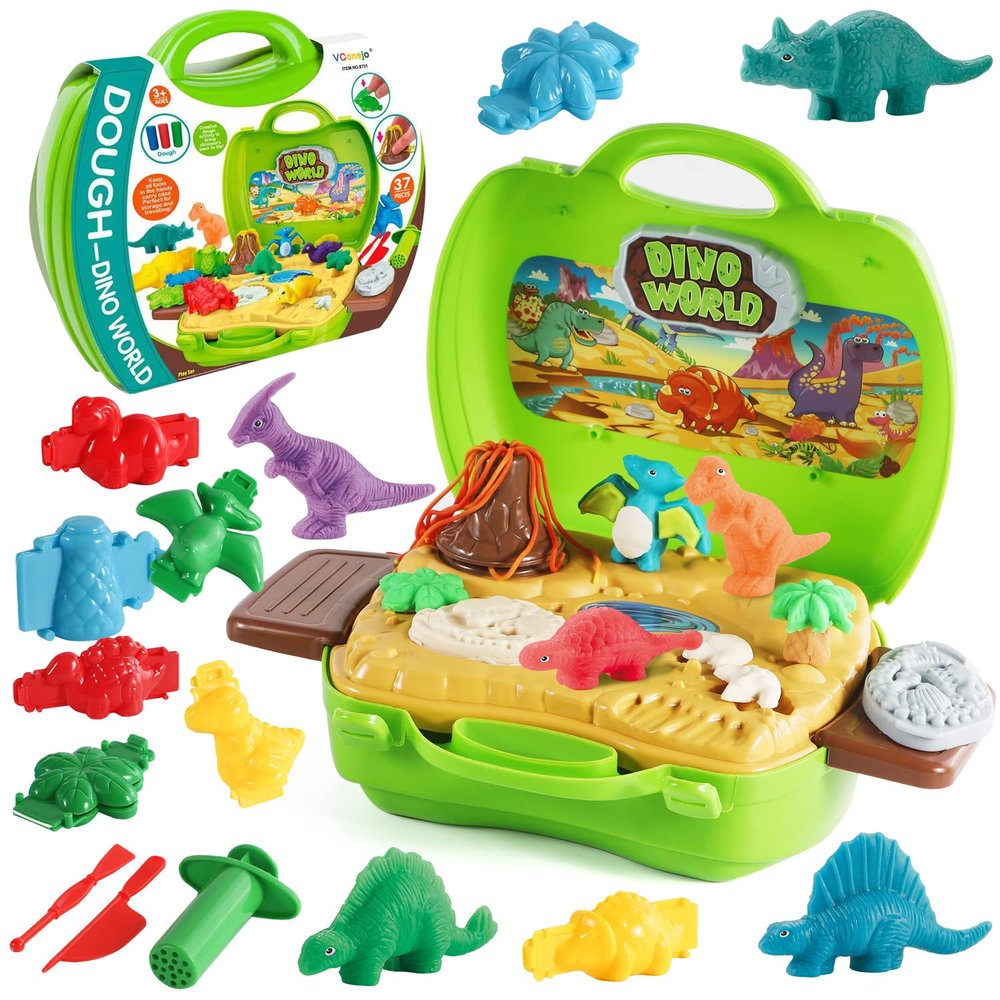 Dinosaur Color Dough Sets Toys, 37 Pieces Dino Theme Color Dough Tools Accessories with Volcano and Fossils for Boys and Girls