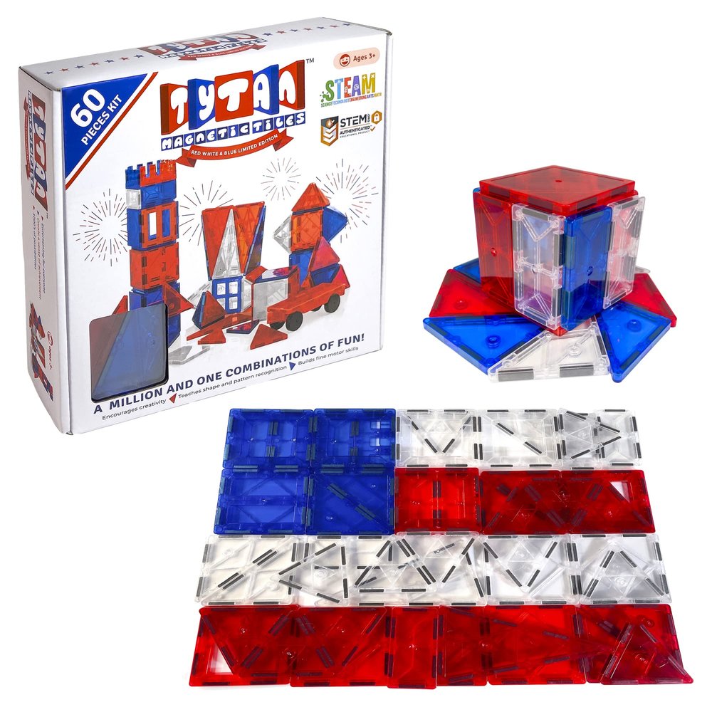 Tytan Tiles 4th of July 60-Piece Magnetic Tiles Building Set, Ergonomic Design, Kids STEM Toy, Architectural Building, Creative Play, Pattern Recognition, America USA Themed, Ages 3 and Up