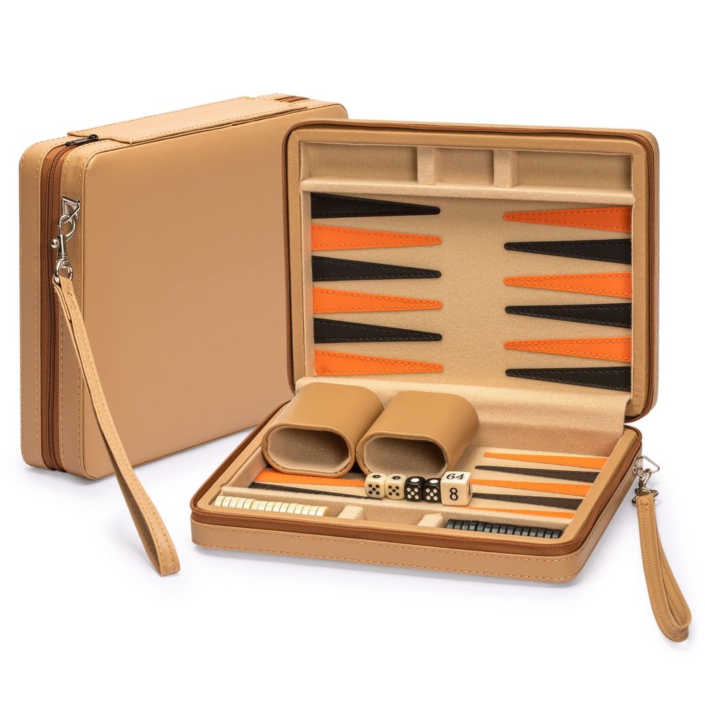 Yellow Mountain Imports Travel Magnetic Leatherette Backgammon Mini Game Set, Bozcaada - with Magnetic Checkers, 9-inch Board