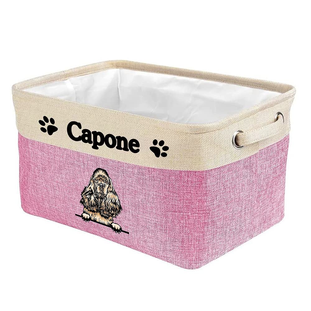 MALIHONG Personalized Foldable Storage Basket with Lovely Dog Cocker Spaniel Collapsible Sturdy Fabric Pet Toys Storage Bin Cube with Handles for Organizing Shelf Home Closet, Pink and White