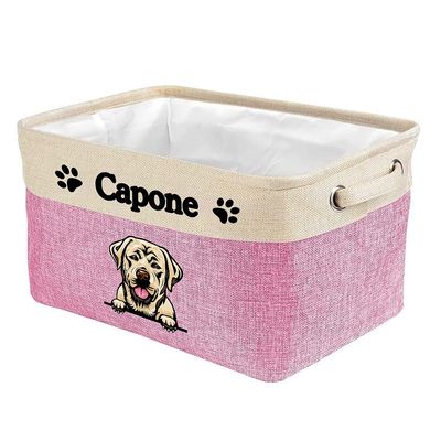 MALIHONG Personalized Foldable Storage Basket with Cute Dog Labrador Collapsible Sturdy Fabric Pet Toys Storage Bin Cube with Handles for Organizing Shelf Home Closet, Pink and White