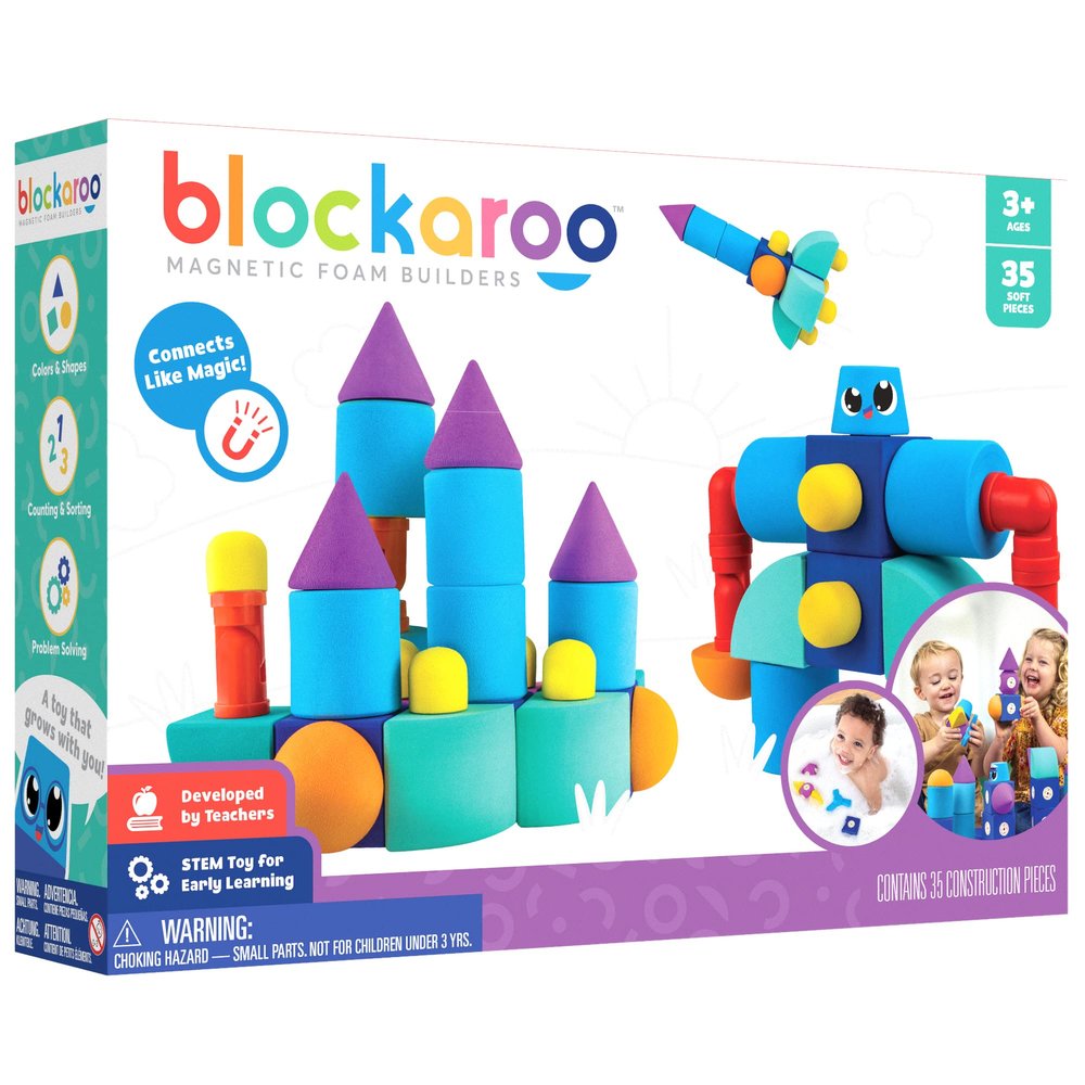 Blockaroo Magnetic Foam Building Blocks - 35-Piece Castle, Bath Toys for Toddlers, Preschool Toys, Bathtub Toys, Sensory Toys, Blocks for Toddlers 3-5, Engineering Toys for Kids 3-5, Bath Blocks