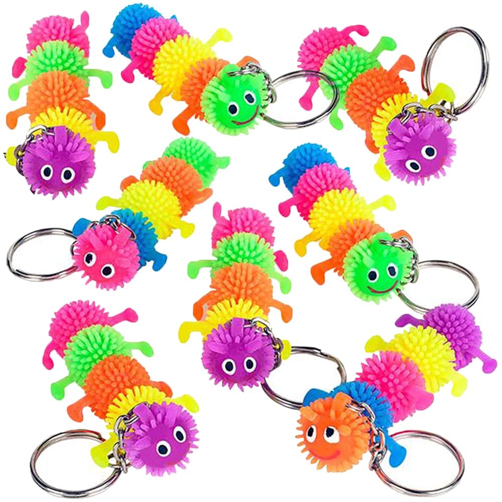 ArtCreativity Rubber Puffer Caterpillar Keychains for Kids, Set of 12, Key Chains with Caterpillar Fidget Toy, Stress Relief Toys for Kids & Adults, Keyholder Birthday Party Favors, Goodie Bag Fillers