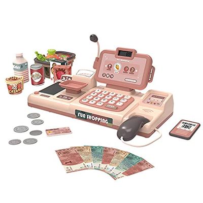 Mundo Toys Cash Register for Kids Pink with Microphone, Scanner & Calculator, Pretend Play Shopping Toy with Credit Card & 25 Kitchen Accessories, Gift for Girls Boys Ages 37