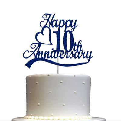 10th Anniversary Cake Topper Blue Glitter, 10 Wedding Anniversary Party Decoration Ideas, Premium Quality, Sturdy Doubled Sided Glitter, Acrylic Stick. Made in USA (10th Blue)