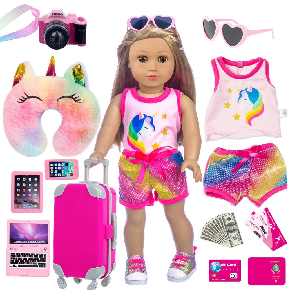 XFEYUE 23 Pcs American 18 inch Doll Clothes and Accessories - Suitcase Luggage , Pillow, Sunglasses, Camera, Passport, Mobile Phone , Computer Doll Travel Gear Play Set (No Dolls)