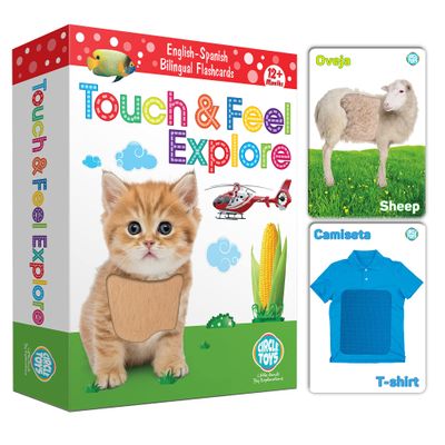 My Touch and Feel English Spanish Bilingual Picture Double Sided Sensory Flash Cards for Infant, Toddlers, Kids, Learn Animals, Fruits, Objects and Vehicles, Fun Learning and Educational Flashcards