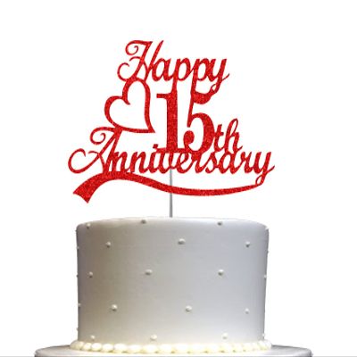 15th Anniversary Cake Topper Red Glitter, 15 Wedding Anniversary Party Decoration Ideas, Sturdy Doubled Sided Glitter, Acrylic Stick. Made in USA (15th Red)