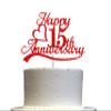 15th Anniversary Cake Topper Red Glitter, 15 Wedding Anniversary Party Decoration Ideas, Sturdy Doubled Sided Glitter, Acrylic Stick. Made in USA (15th Red) view 1