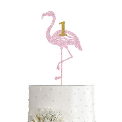 Flamingo 1st Birthday Cake Glitter Topper Tropical Hawaiian Luau Themed 1 Year Party Supplies, Decorations