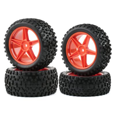 Rchobbytop 1/10 Buggy Tires & Wheels Set - Front & Rear Different Sizes 12mm Hex Red 5-Spoke Rims, Compatible with Traxxas Bandit, Redcat, Tamiya - Includes Lock Nuts, Washers & Wrench