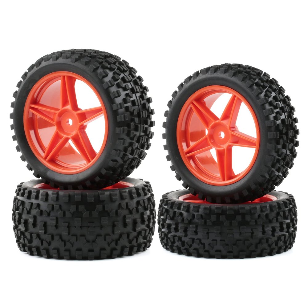 Rchobbytop 1/10 Buggy Tires & Wheels Set - Front & Rear Different Sizes 12mm Hex Red 5-Spoke Rims, Compatible with Traxxas Bandit, Redcat, Tamiya - Includes Lock Nuts, Washers & Wrench