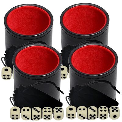 Cyber-Deals Black PU Leather Red Felt Lined Dice Cup with 15mm Ivory Tone Pip Dice Plus Storage Pouch Set (4 Sets)