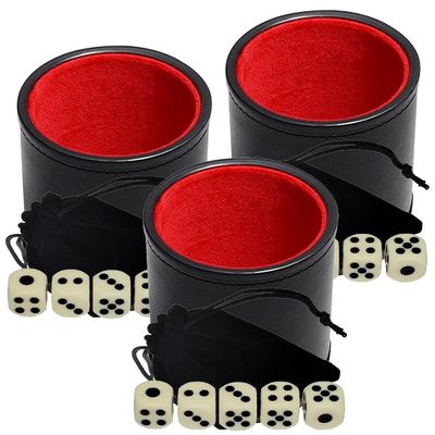 Cyber-Deals Black PU Leather Red Felt Lined Dice Cup with 15mm Ivory Tone Pip Dice Plus Storage Pouch Set (3 Sets)