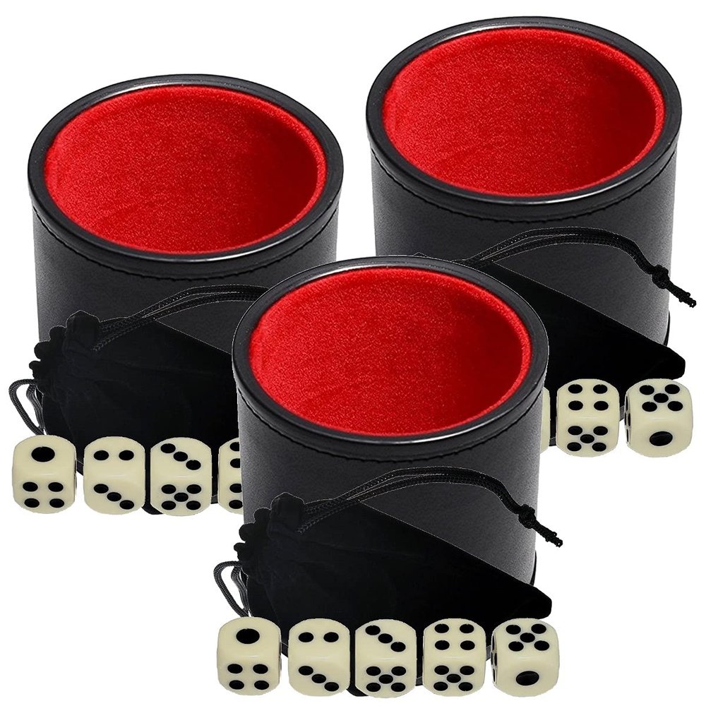 Cyber-Deals Black PU Leather Red Felt Lined Dice Cup with 15mm Ivory Tone Pip Dice Plus Storage Pouch Set (3 Sets)