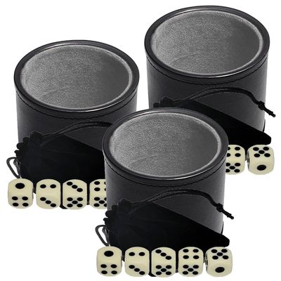 Cyber-Deals Black PU Leather Dice Cup Grey Felt Lined with 15mm Ivory Tone Pip Dice Plus Storage Pouch Set (3 Sets)