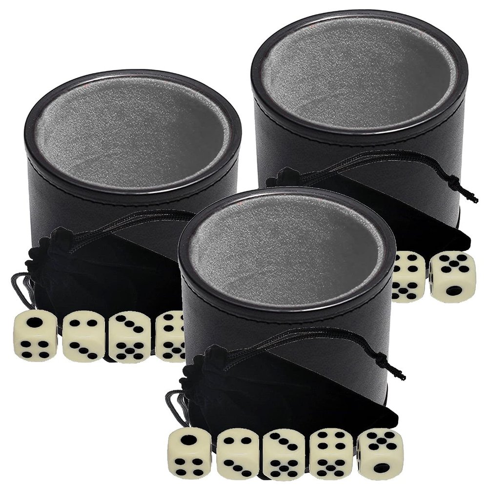 Cyber-Deals Black PU Leather Dice Cup Grey Felt Lined with 15mm Ivory Tone Pip Dice Plus Storage Pouch Set (3 Sets)