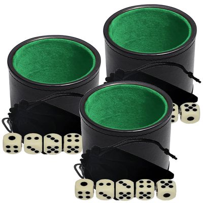 Cyber-Deals Black PU Leather Dice Cup Green Felt Lined with 15mm Ivory Tone Pip Dice Plus Storage Pouch Set (3 Sets)