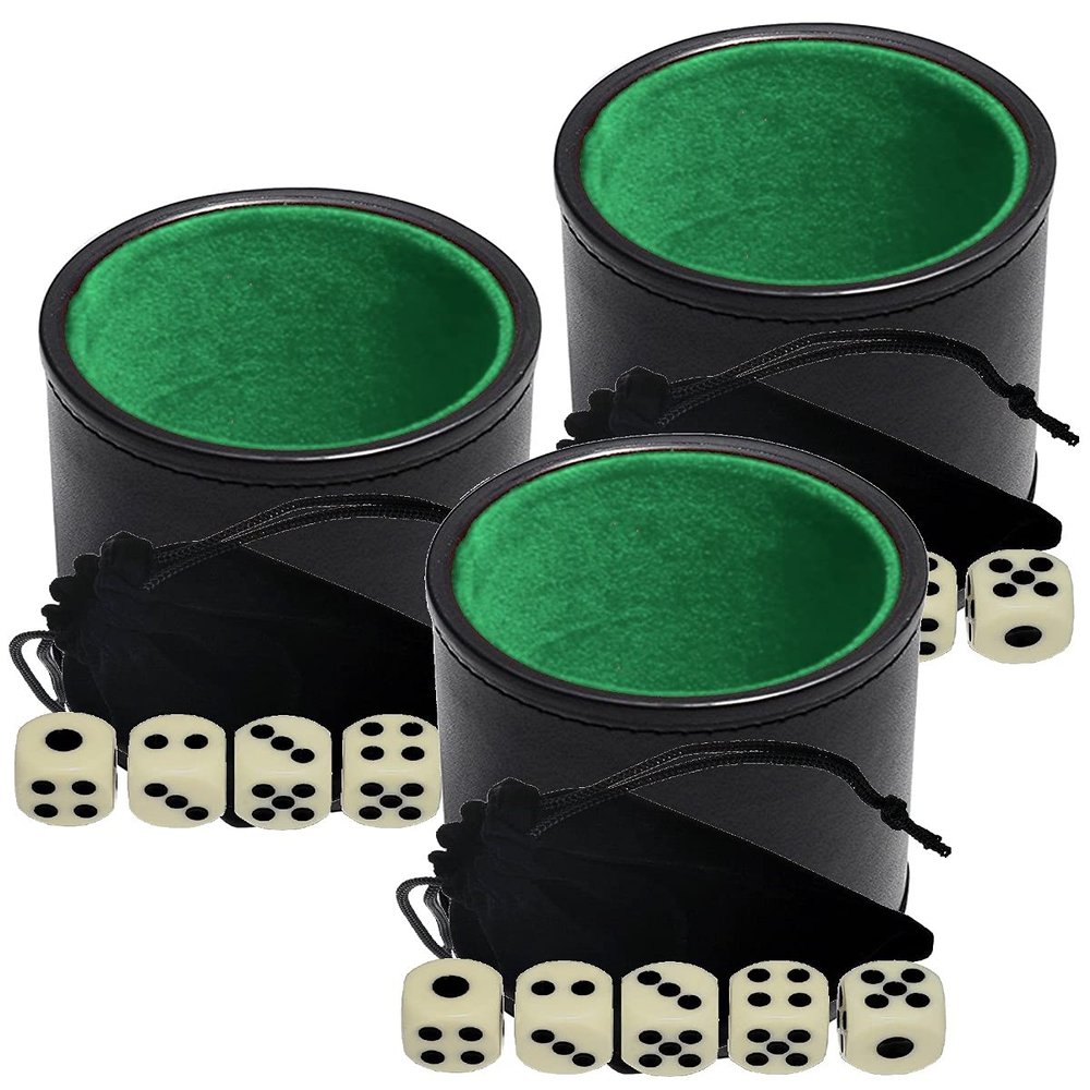 Cyber-Deals Black PU Leather Dice Cup Green Felt Lined with 15mm Ivory Tone Pip Dice Plus Storage Pouch Set (3 Sets)