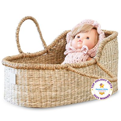 BEBE BASK Premium Baby Doll Bassinet - Handcrafted & Award-Winning Seagrass Moses Basket - Doll Carrier with Luxe Mattress