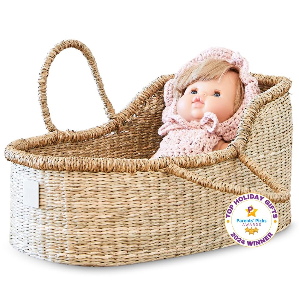BEBE BASK Premium Baby Doll Bassinet - Handcrafted & Award-Winning Seagrass Moses Basket - Doll Carrier with Luxe Mattress