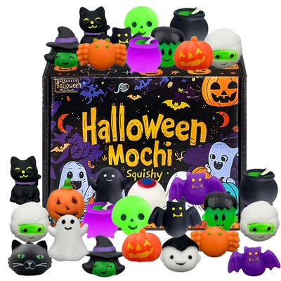 24 Pcs Halloween Mochi Squishy Toys with Gift Box Mini Kawaii Mochi Squeeze Toy Stress Reliever Anxiety Packs for Kids Party Favors Halloween Miniatures Halloween Treat Bags Gifts