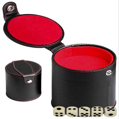Cyber-Deals Black PU Leather Red Felt Lined Dice Cup with Storage Compartment + 15mm Ivory Tone Pip Dice (1 Set)