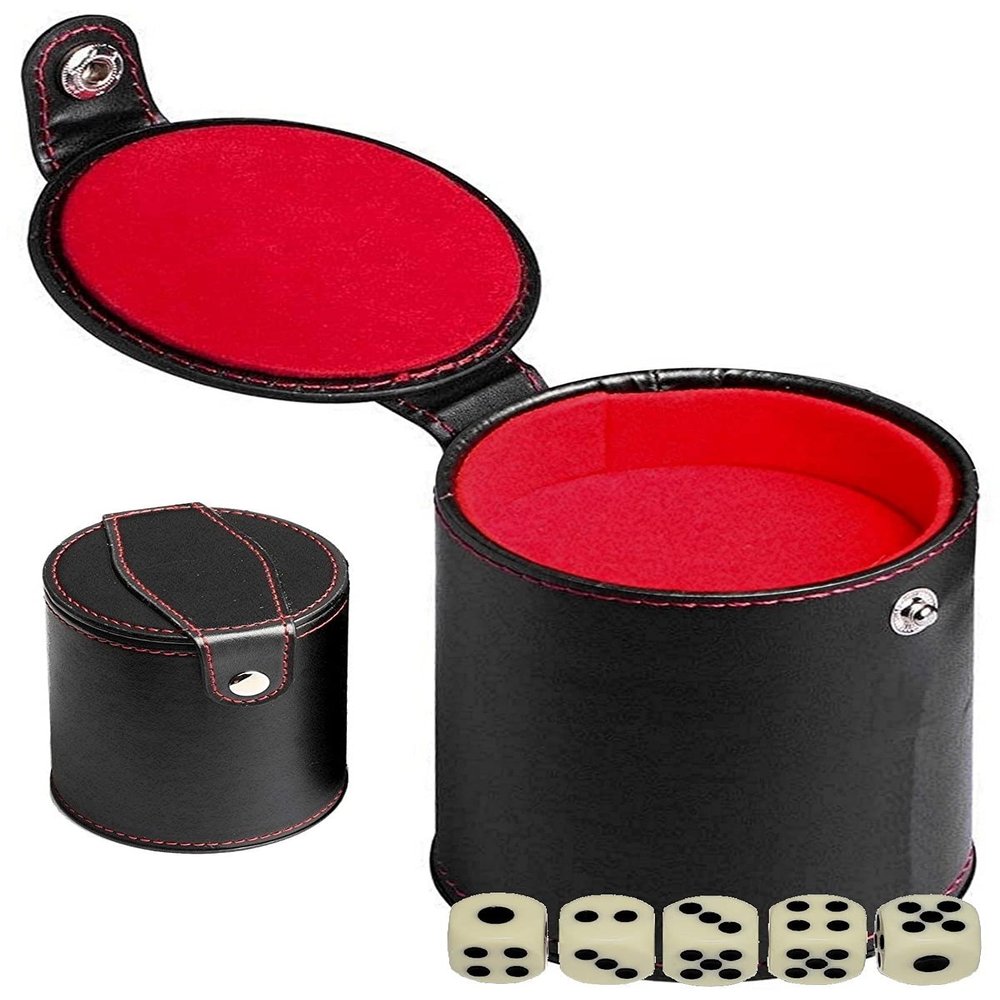 Cyber-Deals Black PU Leather Red Felt Lined Dice Cup with Storage Compartment + 15mm Ivory Tone Pip Dice (1 Set)