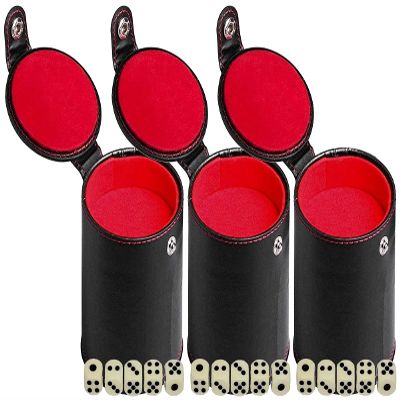 Cyber-Deals Black PU Leather Red Felt Lined Dice Cup with Storage Compartment + 15mm Ivory Tone Pip Dice (3 Sets)