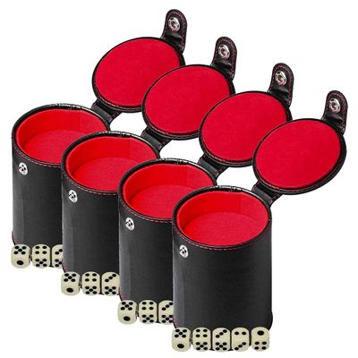 Cyber-Deals Black PU Leather Red Felt Lined Dice Cup with Storage Compartment + 15mm Ivory Tone Pip Dice (4 Sets)