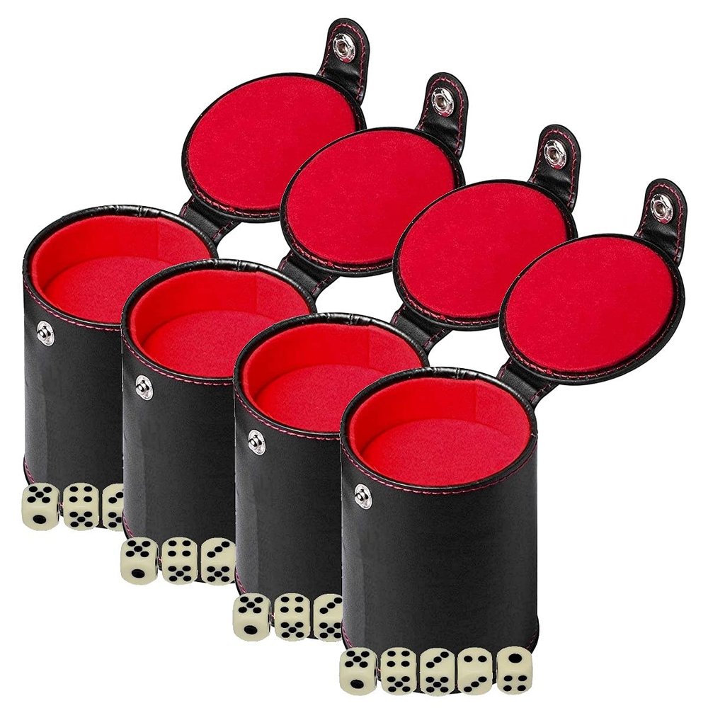 Cyber-Deals Black PU Leather Red Felt Lined Dice Cup with Storage Compartment + 15mm Ivory Tone Pip Dice (4 Sets)