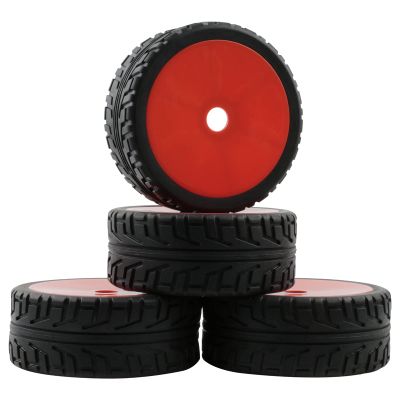 Rchobbytop 4pcs 1/8 RC Tires 17mm Hex Hard Disc Wheels and Tires with Lock Nuts for 1/8 Scale On Road Racing Buggy Kyosho Traxxas HPI HSP AE Losi TLR Tekno Serpent Xray Team C T8E T8TE etc, Red