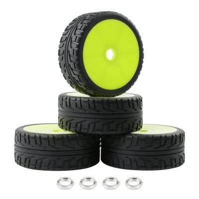 Rchobbytop 4pcs 1/8 RC Buggy Tires and Wheels, 17mm Hex Drive Hub Hard Dish Wheel and Foam Inserted Soft Rubber Tyres for On Road Racing Car, Fluorescent Green